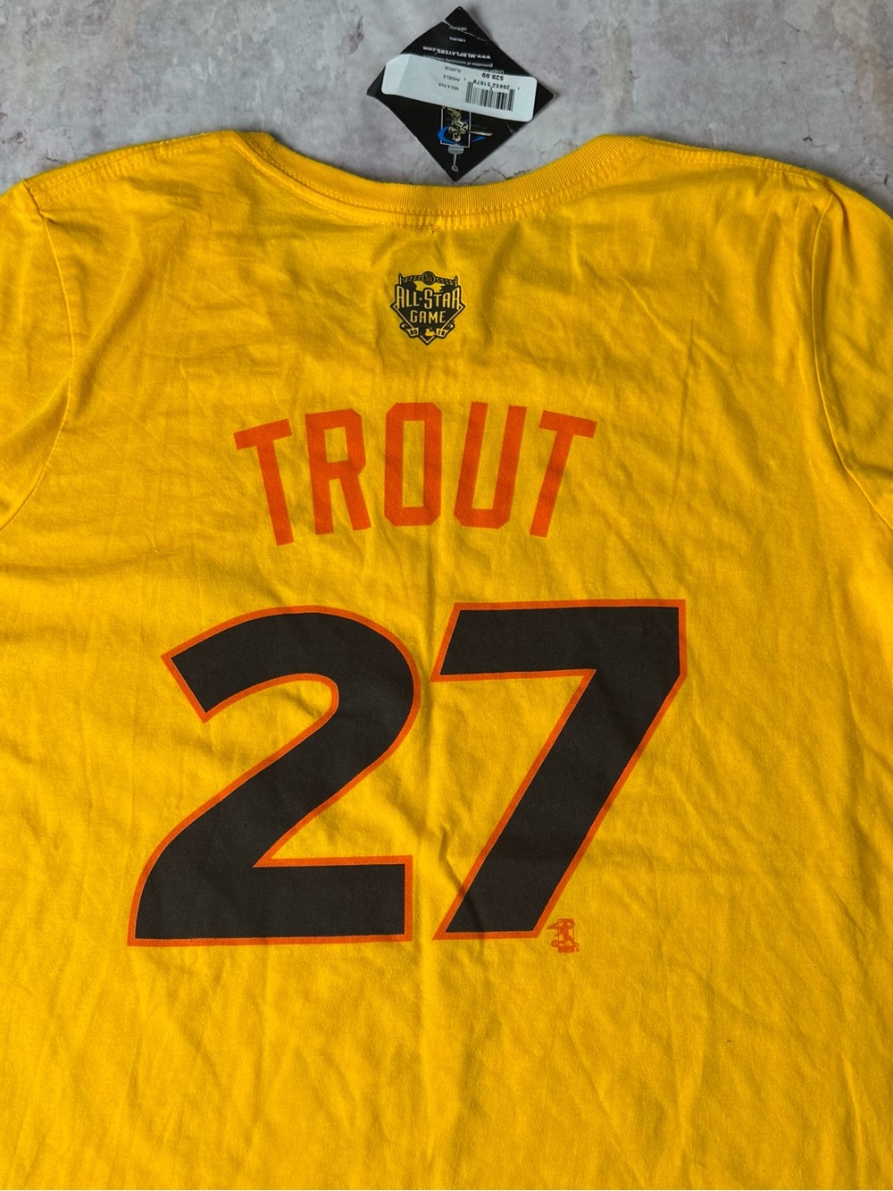 NWT Majestic 2018 All Star MLB Game TROUT 27 
American Yellow Tee Size XL